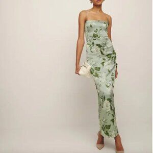 Reformation Frankie Silk Dress in Tea Garden Green Floral Gown Sz 0